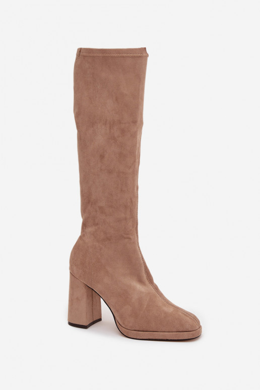 Botas femininas de cano alto com inserções em salto bloco areia Brivana