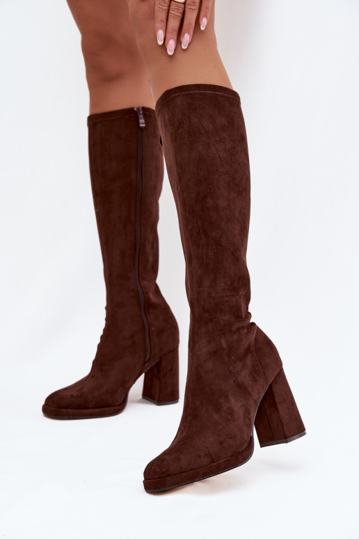 Botas femininas de cano alto com inserções em salto bloco marrons Brivana