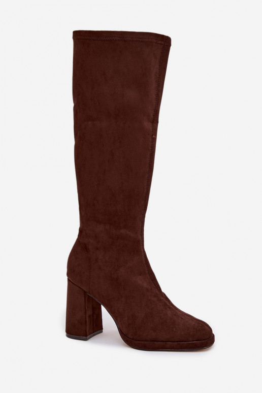 Botas femininas de cano alto com inserções em salto bloco marrons Brivana