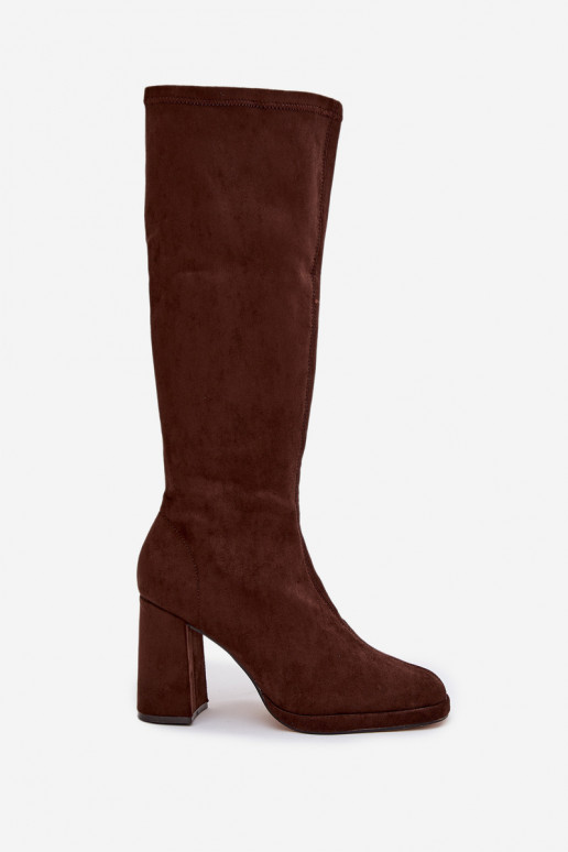 Botas femininas de cano alto com inserções em salto bloco marrons Brivana