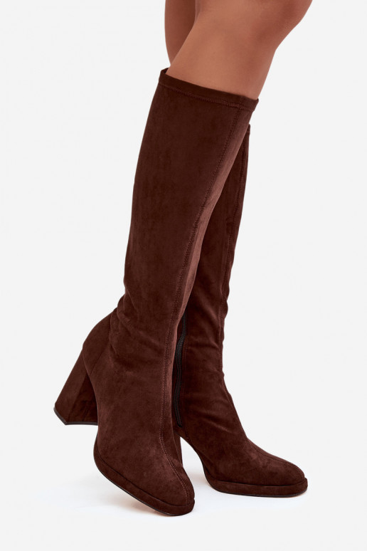 Botas femininas de cano alto com inserções em salto bloco marrons Brivana