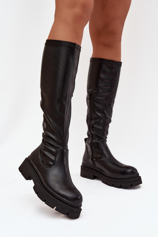 Botas femininas de cano alto com plataforma em couro sintético pretas Tairivelle