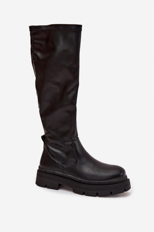 Botas femininas de cano alto com plataforma em couro sintético pretas Tairivelle