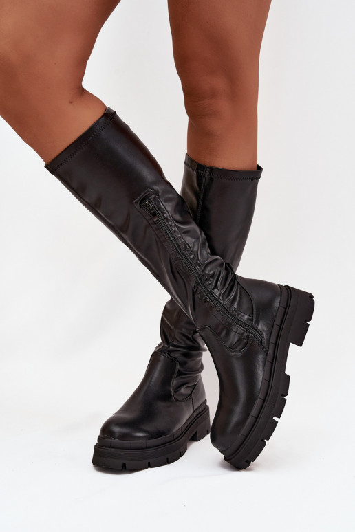 Botas femininas de cano alto com plataforma em couro sintético pretas Tairivelle