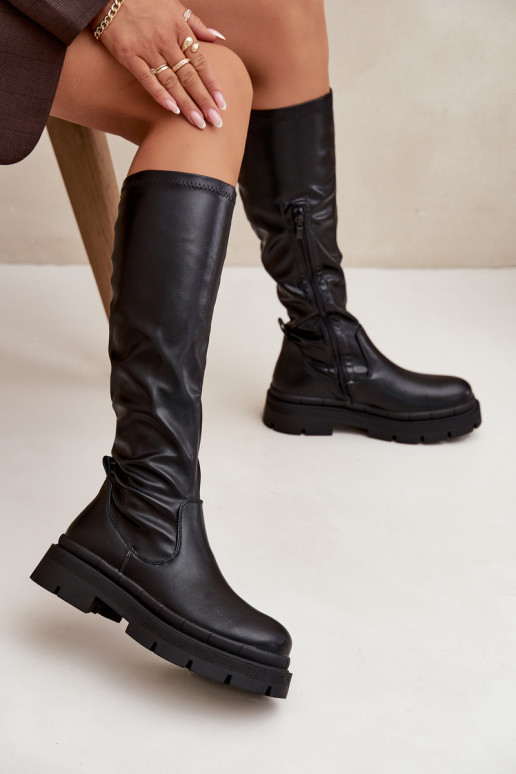 Botas femininas de cano alto com plataforma em couro sintético pretas Tairivelle