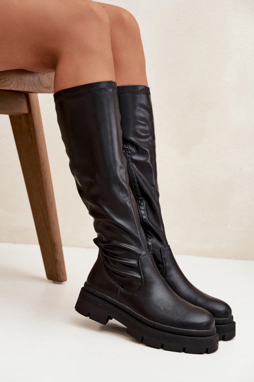 Botas femininas de cano alto com plataforma em couro sintético pretas Tairivelle