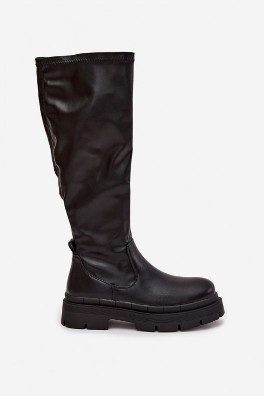 Botas femininas de cano alto com plataforma em couro sintético pretas Tairivelle