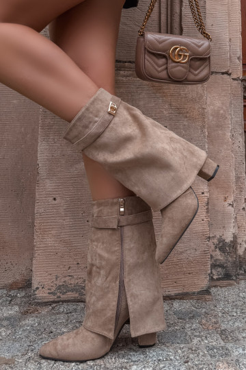 Botins femininos forrados com saltos decorados caqui Luvielle