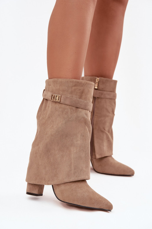 Botins femininos forrados com saltos decorados caqui Luvielle