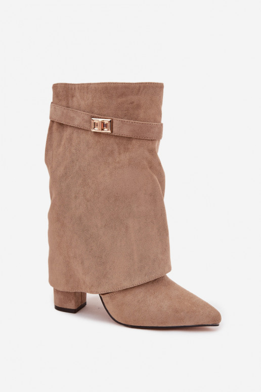 Botins femininos forrados com saltos decorados caqui Luvielle