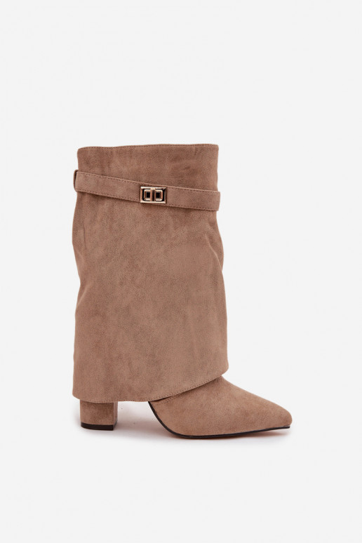 Botins femininos forrados com saltos decorados caqui Luvielle