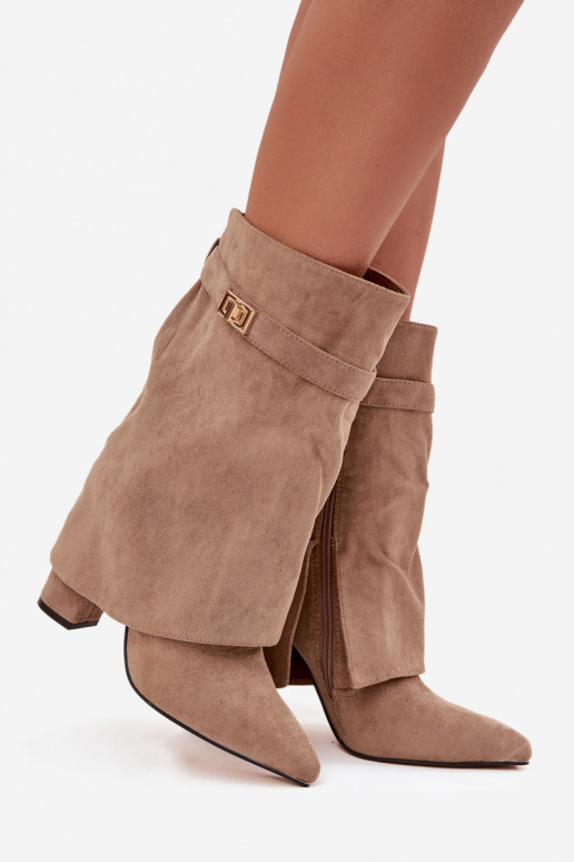 Botins femininos forrados com saltos decorados caqui Luvielle