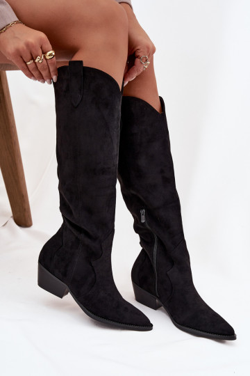 Botas femininas de cano alto em camurça sintética estilo cowboy com saltos pretos Jenaya