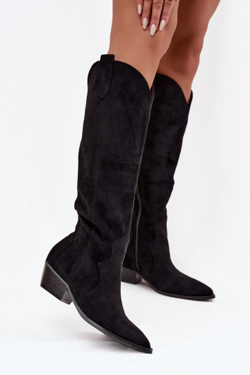 Botas femininas de cano alto em camurça sintética estilo cowboy com saltos pretos Jenaya 2