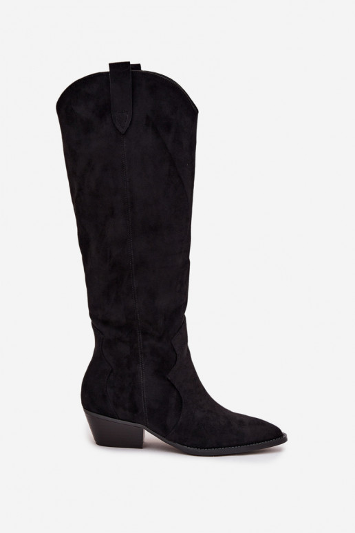 Botas femininas de cano alto em camurça sintética estilo cowboy com saltos pretos Jenaya