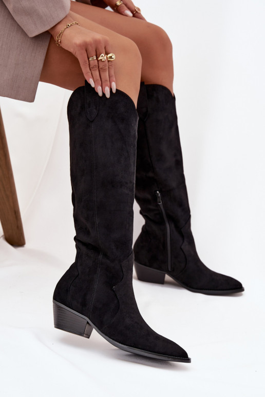 Botas femininas de cano alto em camurça sintética estilo cowboy com saltos pretos Jenaya