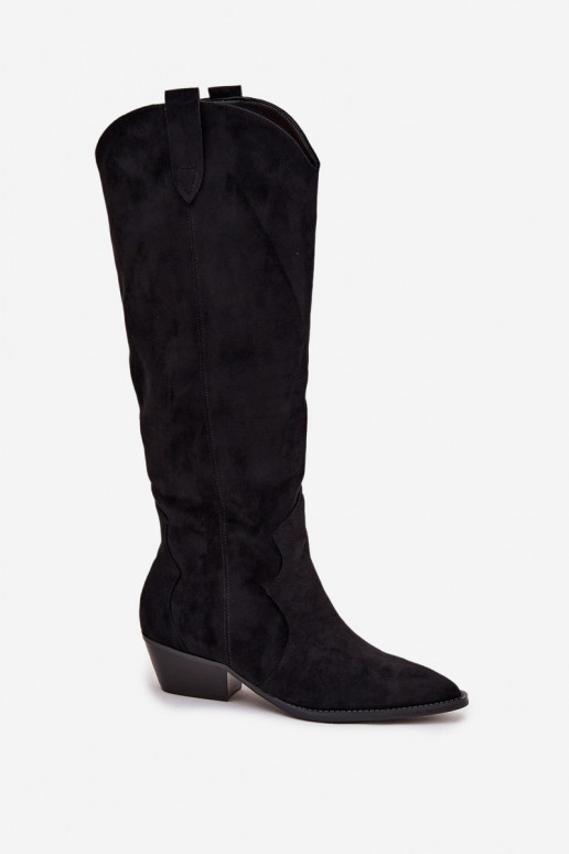 Botas femininas de cano alto em camurça sintética estilo cowboy com saltos pretos Jenaya