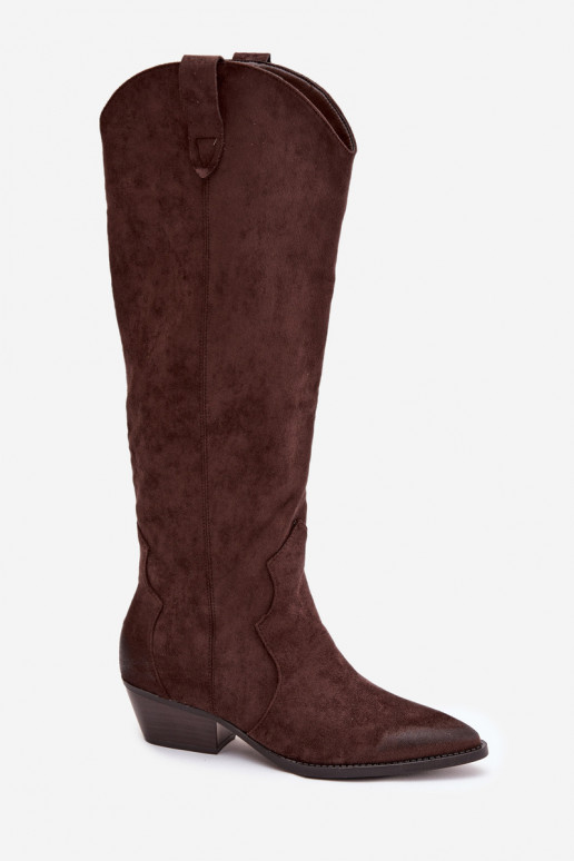 Botas femininas de cano alto em camurça sintética estilo cowboy com saltos em chocolate Jenaya
