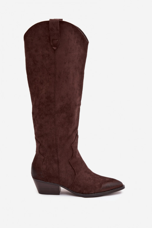 Botas femininas de cano alto em camurça sintética estilo cowboy com saltos em chocolate Jenaya
