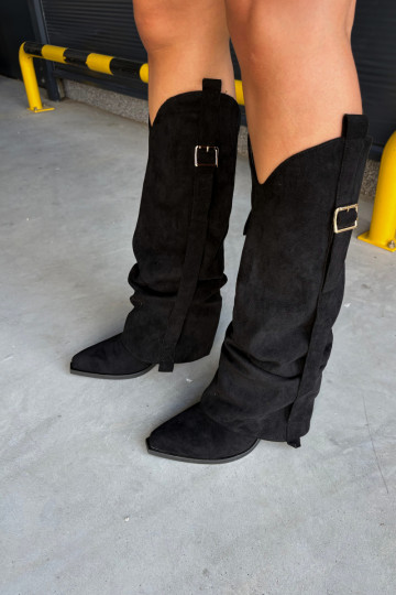 Botas pretas femininas até o joelho com saltos e fivelas Caster 2