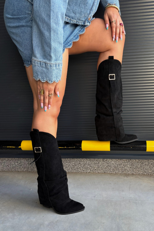 Botas pretas femininas até o joelho com saltos e fivelas Caster