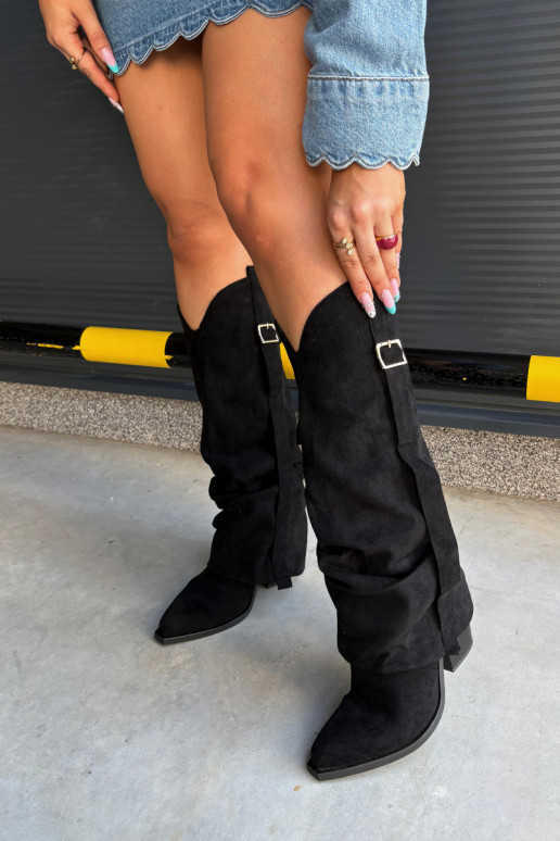 Botas pretas femininas até o joelho com saltos e fivelas Caster
