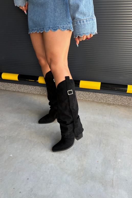 Botas pretas femininas até o joelho com saltos e fivelas Caster