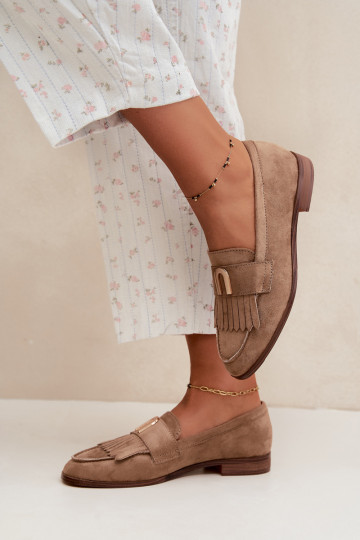 Mocassins de areia para mulheres com franjas e detalhes dourados Brenis