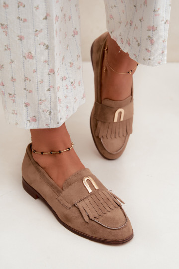 Mocassins de areia para mulheres com franjas e detalhes dourados Brenis 2