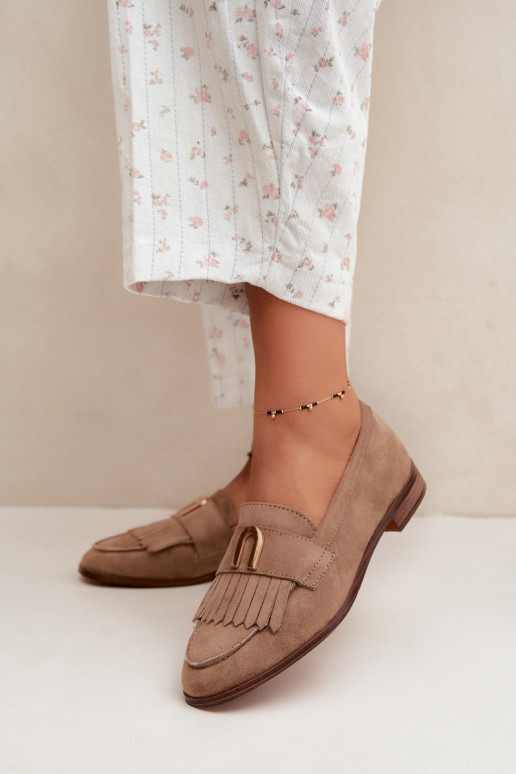 Mocassins de areia para mulheres com franjas e detalhes dourados Brenis