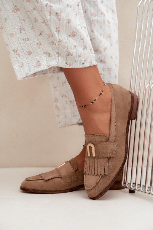 Mocassins de areia para mulheres com franjas e detalhes dourados Brenis