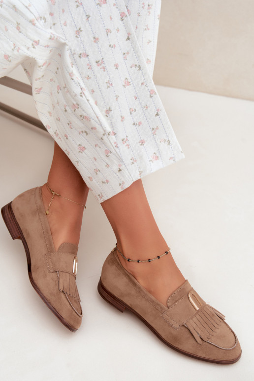 Mocassins de areia para mulheres com franjas e detalhes dourados Brenis