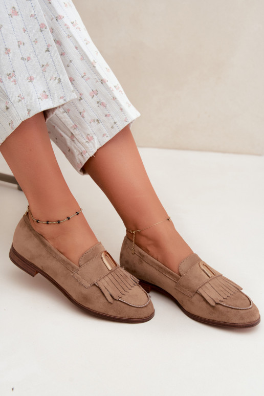 Mocassins de areia para mulheres com franjas e detalhes dourados Brenis