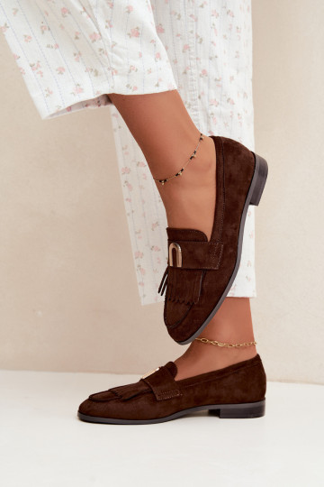 Mocassins de chocolate para mulheres com franjas e detalhes dourados Brenis