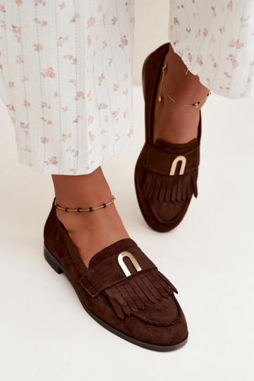 Mocassins de chocolate para mulheres com franjas e detalhes dourados Brenis 2