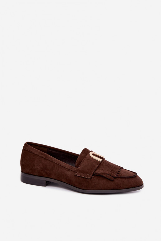 Mocassins de chocolate para mulheres com franjas e detalhes dourados Brenis