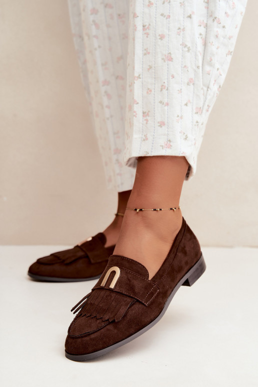 Mocassins de chocolate para mulheres com franjas e detalhes dourados Brenis