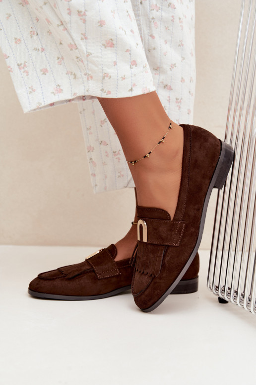 Mocassins de chocolate para mulheres com franjas e detalhes dourados Brenis