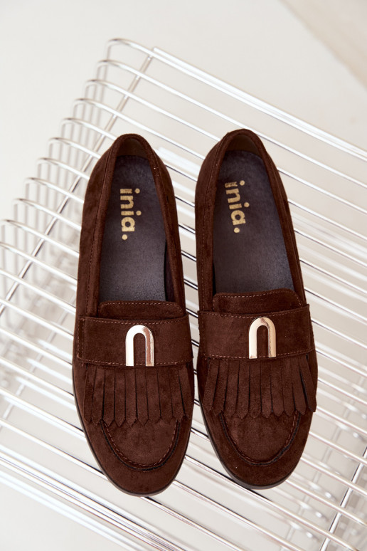Mocassins de chocolate para mulheres com franjas e detalhes dourados Brenis
