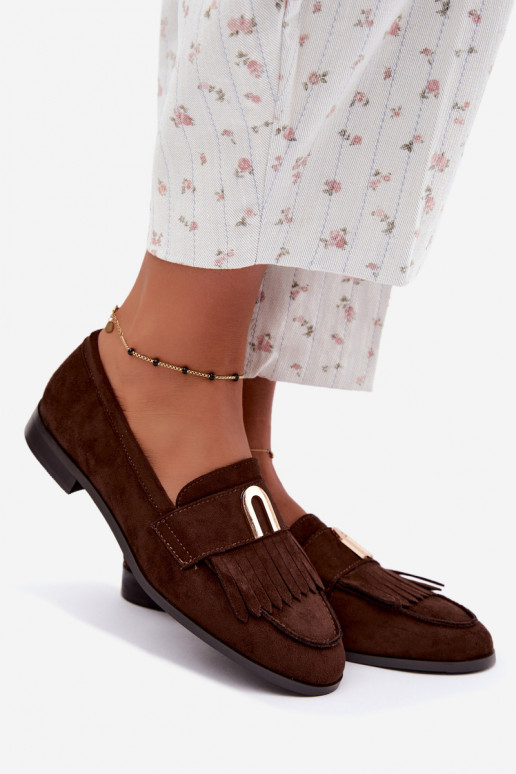 Mocassins de chocolate para mulheres com franjas e detalhes dourados Brenis