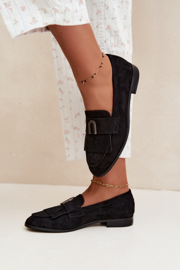 Mocassins pretos para mulheres com franjas e detalhes dourados Brenis