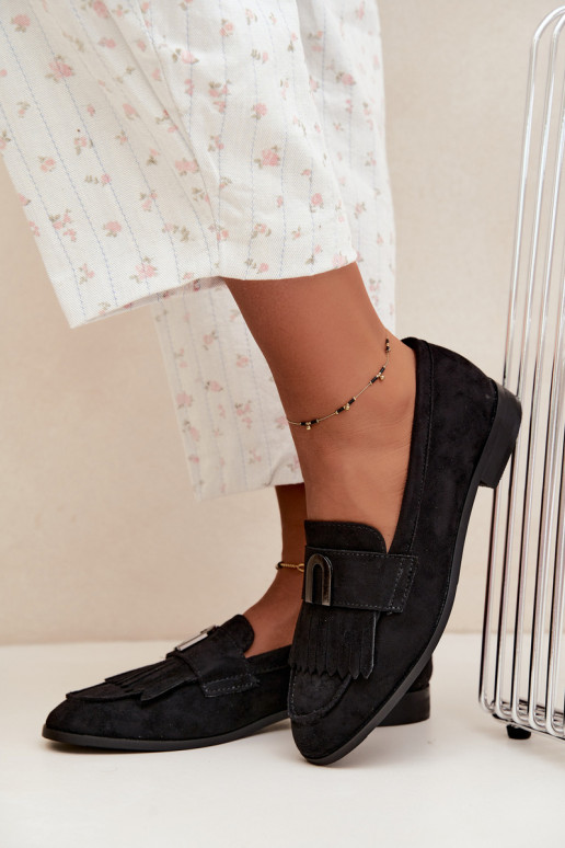 Mocassins pretos para mulheres com franjas e detalhes dourados Brenis