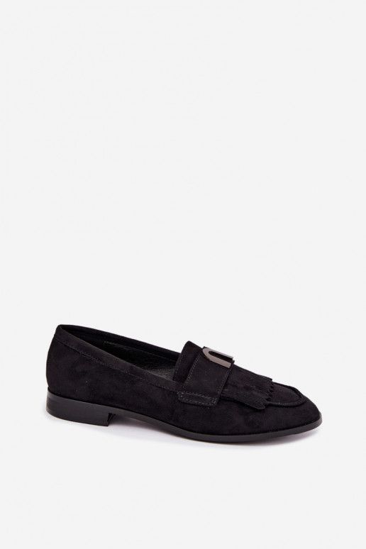Mocassins pretos para mulheres com franjas e detalhes dourados Brenis