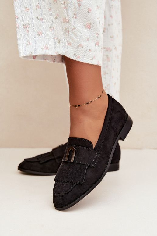 Mocassins pretos para mulheres com franjas e detalhes dourados Brenis