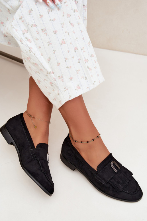 Mocassins pretos para mulheres com franjas e detalhes dourados Brenis