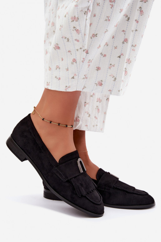 Mocassins pretos para mulheres com franjas e detalhes dourados Brenis