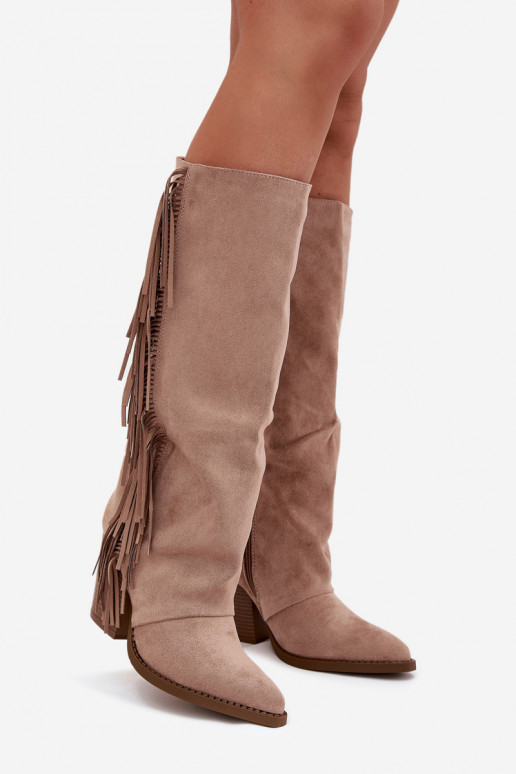 Botas altas de cor areia em estilo cowboy com saltos e franjas Tivara