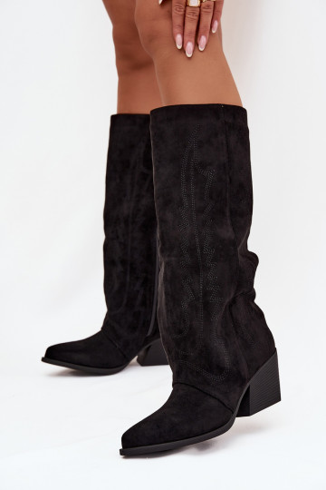 Botas altas pretas em estilo cowboy com saltos Isalina 2