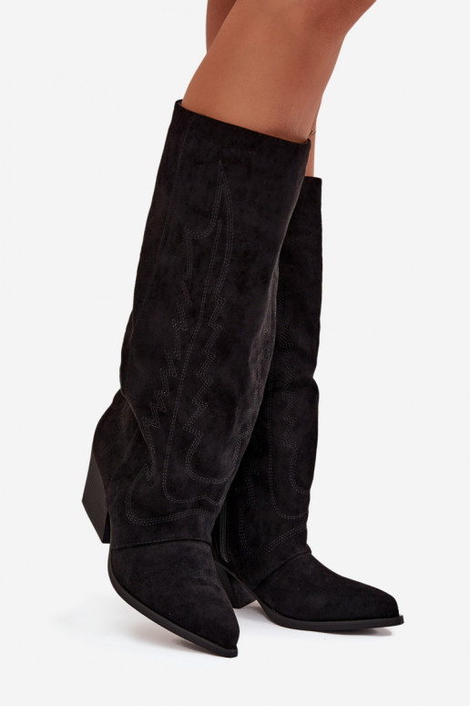 Botas altas pretas em estilo cowboy com saltos Isalina
