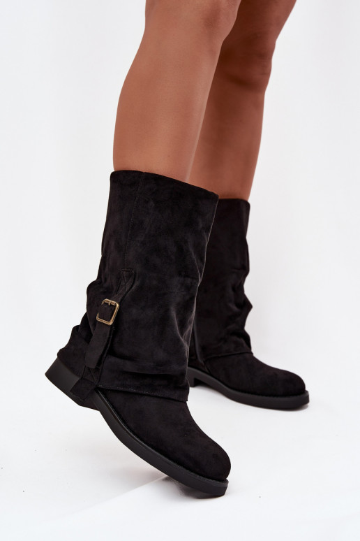 Botins pretos femininos com fivelas até a metade da panturrilha Minelle